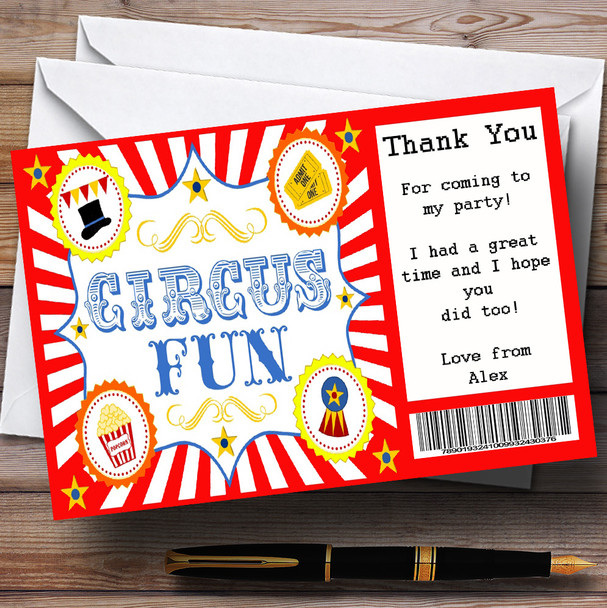 Red Circus Ticket Customised Birthday Party Thank You Cards