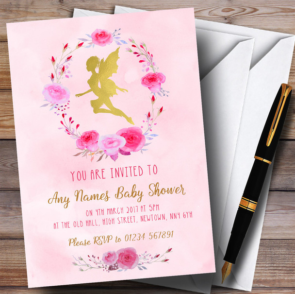 Pink Watercolour Pixie Fairy Girls Invitations Baby Shower Invitations