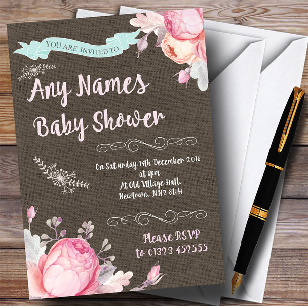 Pretty Floral Burlap Girls Invitations Baby Shower Invitations