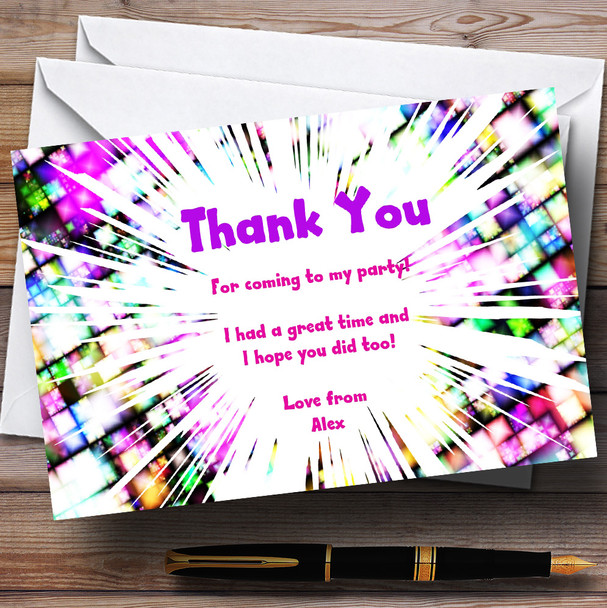 Pink Purple Disco Firework Customised Party Thank You Cards