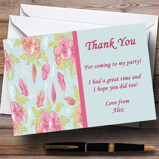 Pale Blue Pink Vintage Tea Customised Party Thank You Cards