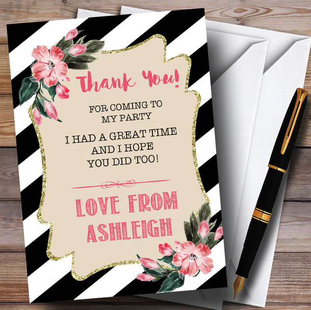Black & White Floral Any Age Girls Party Thank You Cards
