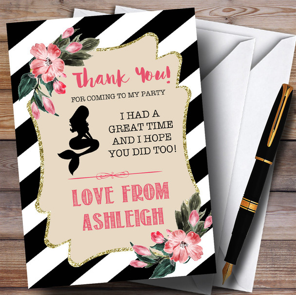 Black & White Floral Mermaid Party Thank You Cards