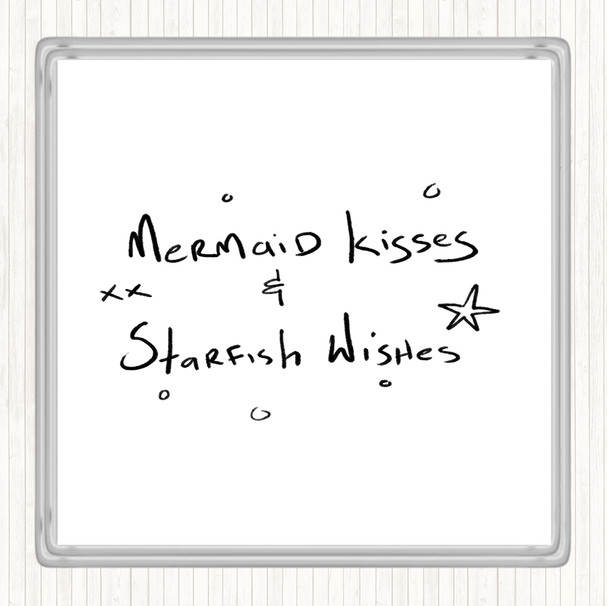 White Black Mermaid Kisses Quote Coaster