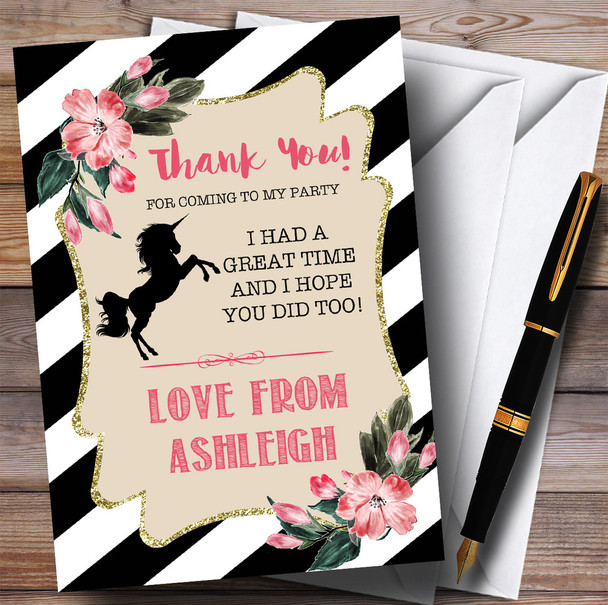 Black & White Floral Unicorn Party Thank You Cards