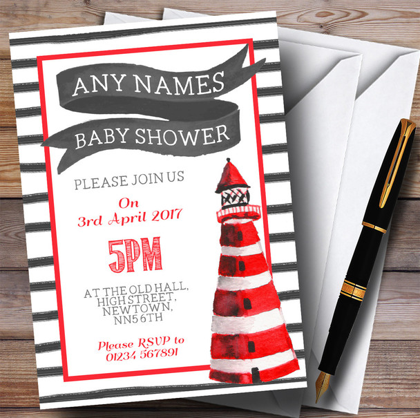 Red & White Nautical Lighthouse Invitations Baby Shower Invitations