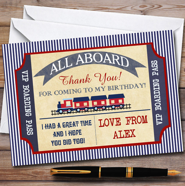 Blue & Red Boarding Pass Train Party Thank You Cards