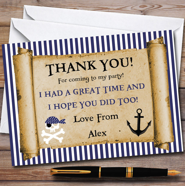 Blue Stripes Pirate Scroll Party Thank You Cards