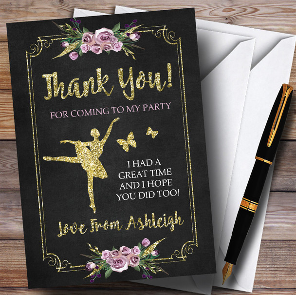 Chalk & Gold Floral Ballerina Ballet Party Thank You Cards