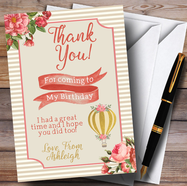 Floral Pink Gold Hot Air Balloon Party Thank You Cards