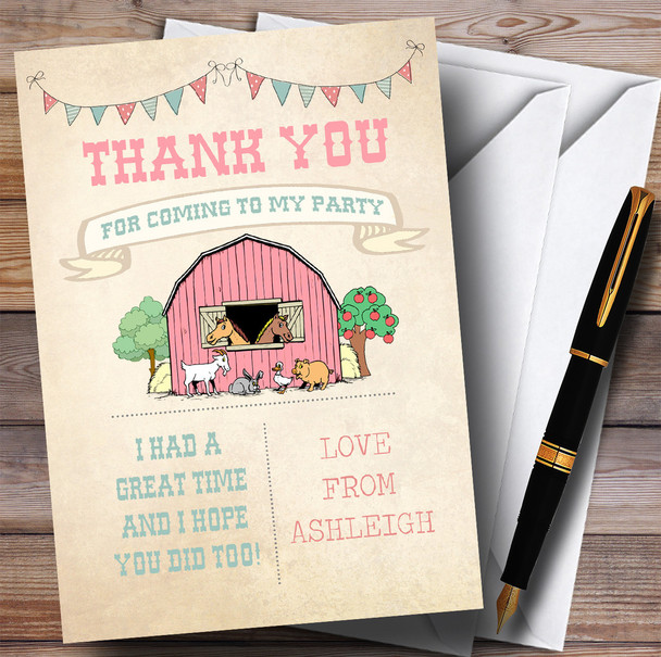 Girls Farm Animals Party Thank You Cards