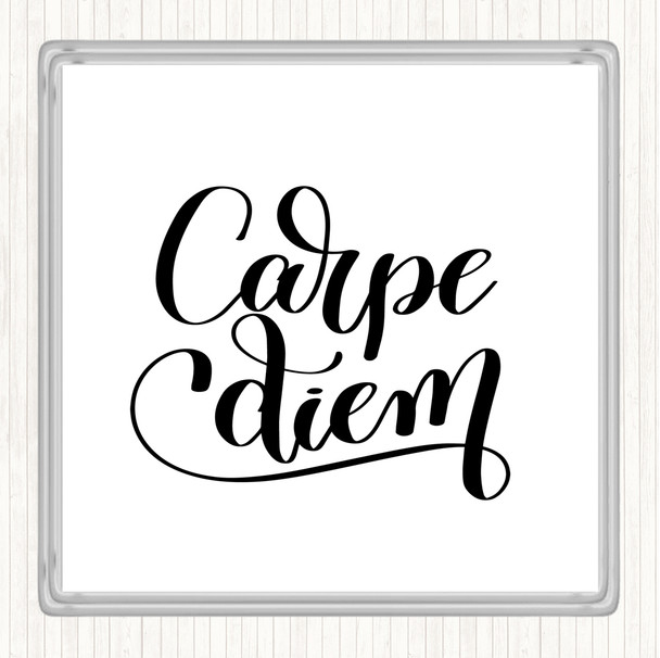 White Black Carpe Diem Swirl Quote Coaster