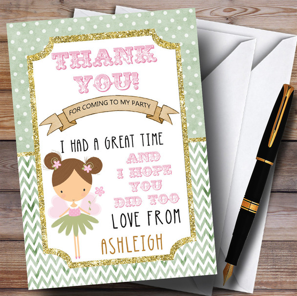 Green Fairy Glitter Gold Girls Party Thank You Cards