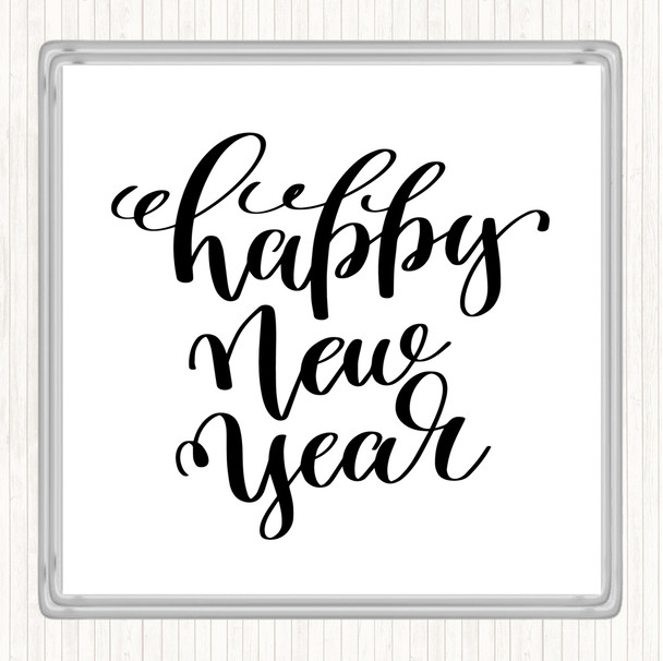 White Black Christmas Happy New Year Quote Coaster