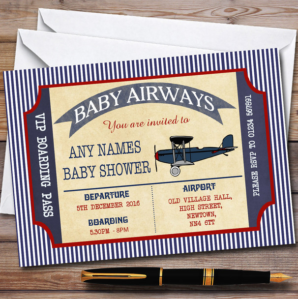 Blue & Red Boarding Pass Plane Invitations Baby Shower Invitations