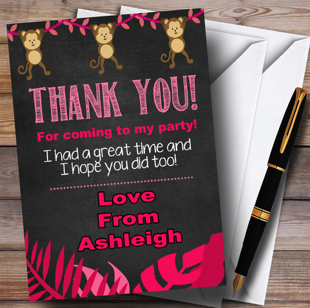 Pink Chalk Style Swinging Monkey Jungle Party Thank You Cards