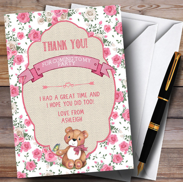 Pink Roses Girls Teddy Bear Picnic Party Thank You Cards