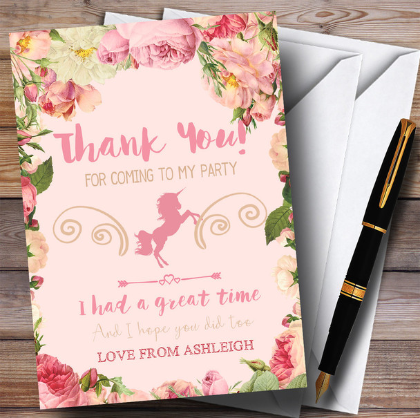 Pink Roses Unicorn Party Thank You Cards