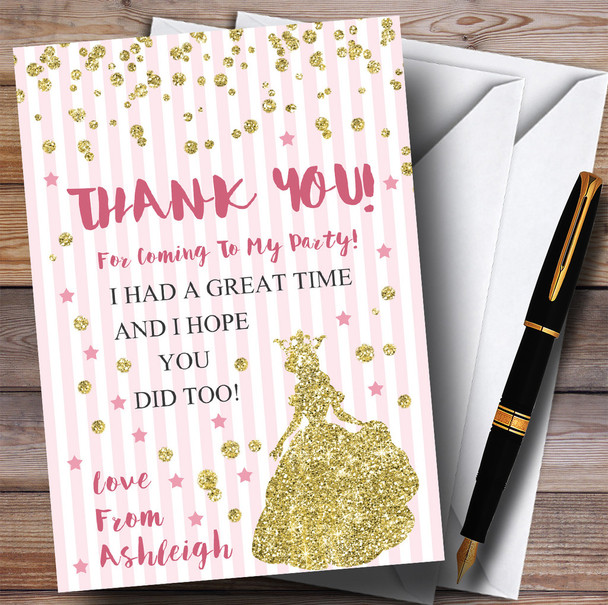 Pink Stripes Gold Glitter Princess Party Thank You Cards