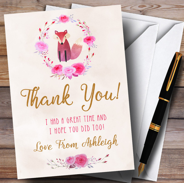 Pink Watercolour Fox Girls Party Thank You Cards