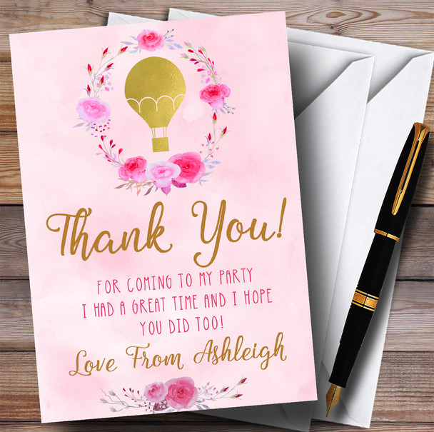 Pink Watercolour Hot Air Balloon Girls Party Thank You Cards