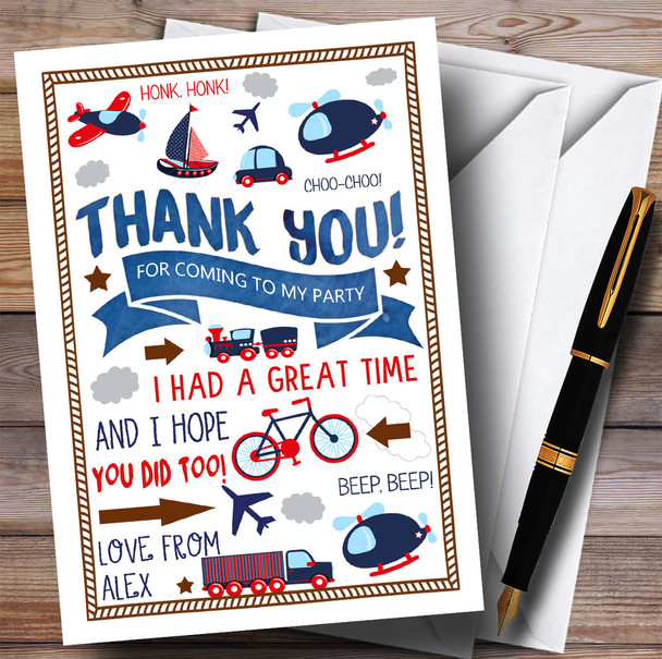 Plane Train Boat Transport Party Thank You Cards