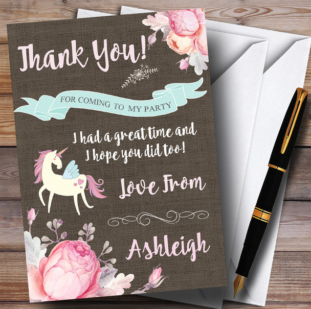 Pretty Floral Burlap Unicorn Party Thank You Cards