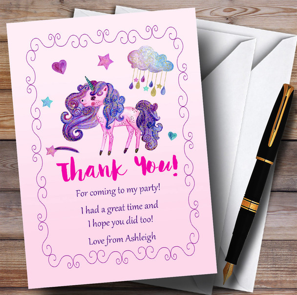 Pretty Glitter Pink Unicorn Party Thank You Cards