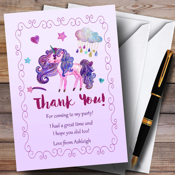 Pretty Glitter Purple Unicorn Party Thank You Cards