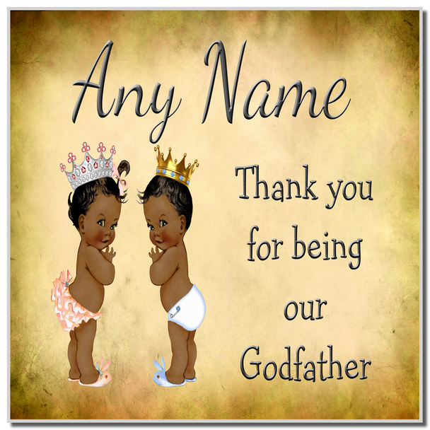 Vintage Baby Twin Black Girl & Boy Godfather Thank You Coaster