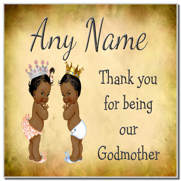 Vintage Baby Twin Black Girl & Boy Godmother Thank You Coaster