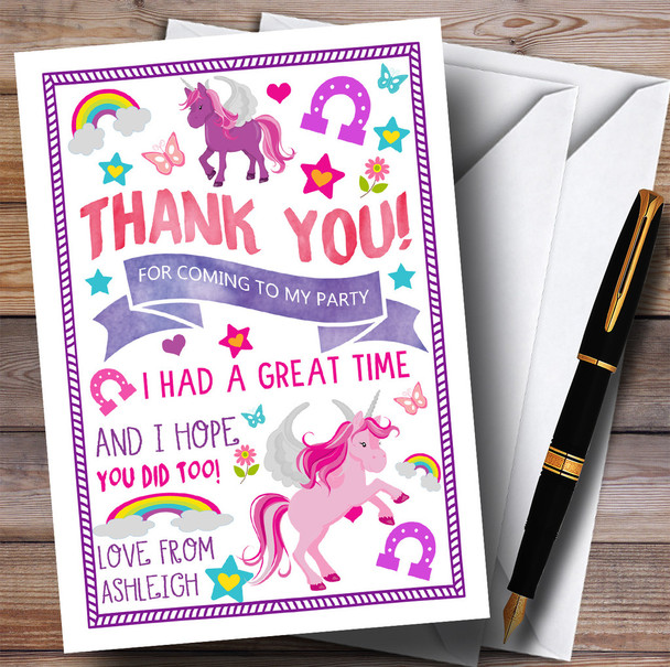 Pretty Pink Purple Unicorn Party Thank You Cards