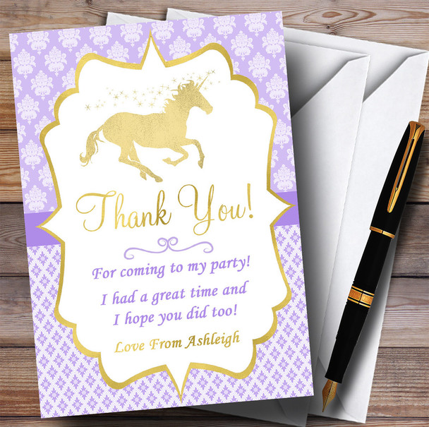 Purple & Gold Magical Unicorn Party Thank You Cards