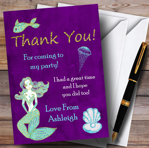 Purple & Gold Mermaid Party Thank You Cards