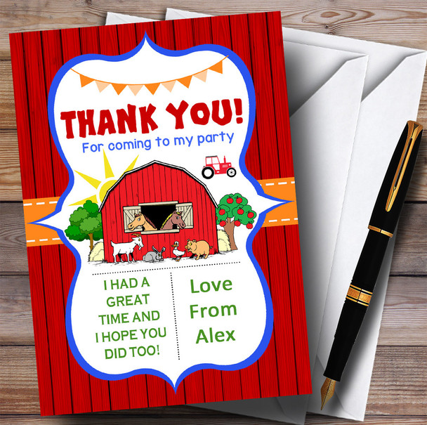 Red Orange & Blue Farm Animals Tractor Party Thank You Cards