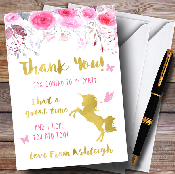 Watercolour Pink Gold Floral Unicorn Party Thank You Cards