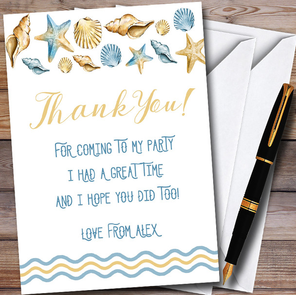 Blue & Golden Shells Beach Customised Party Thank You Cards