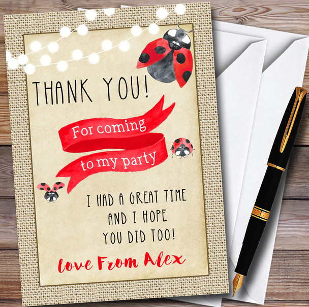 Burlap Style Ladybird Customised Party Thank You Cards