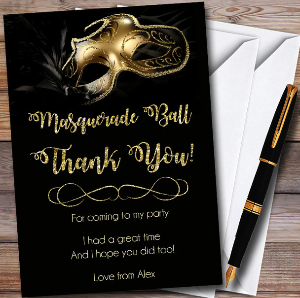 Golden Glitter Mask Masquerade Ball Customised Party Thank You Cards