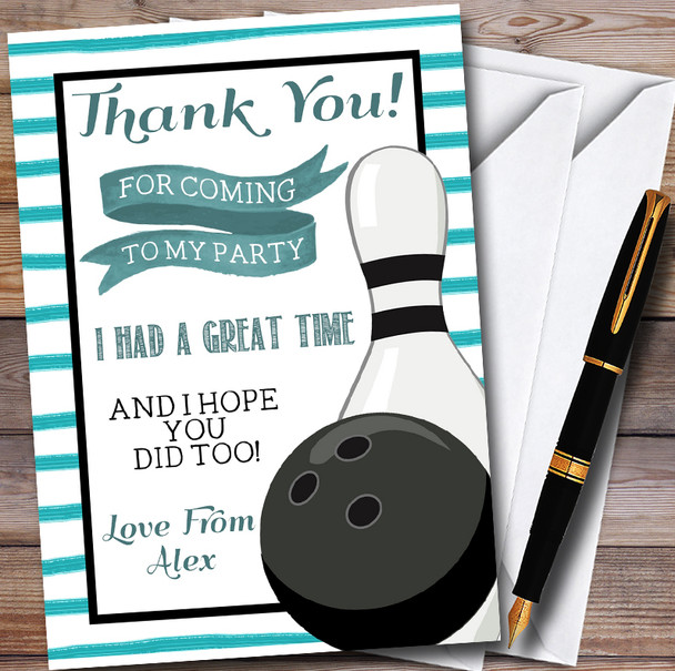 Green Stripe Bowling Ball & Pin Customised Party Thank You Cards