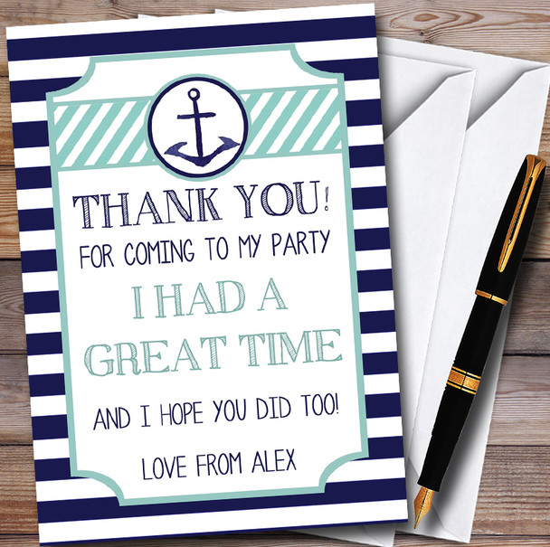 Navy Blue Stripe Nautical Anchor Customised Party Thank You Cards