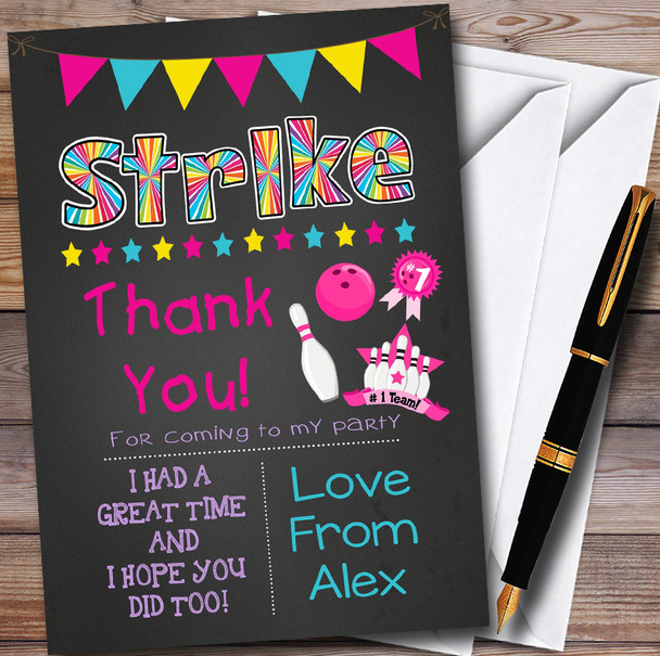 Pink Girls Bowling Chalk Customised Party Thank You Cards