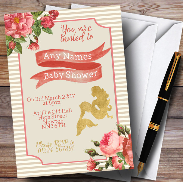 Stripy Floral Pink Gold Mermaid Invitations Baby Shower Invitations