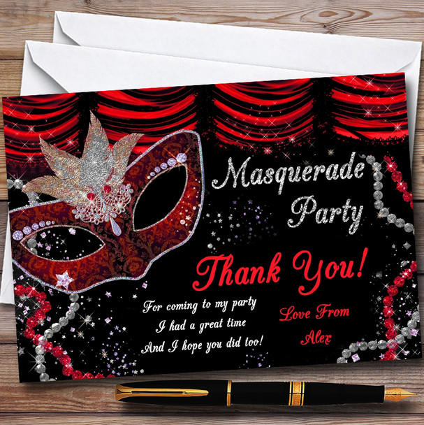 Red & Black Mask Masquerade Ball Customised Party Thank You Cards