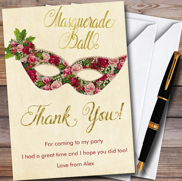 Red Roses Gold Masquerade Ball Customised Party Thank You Cards