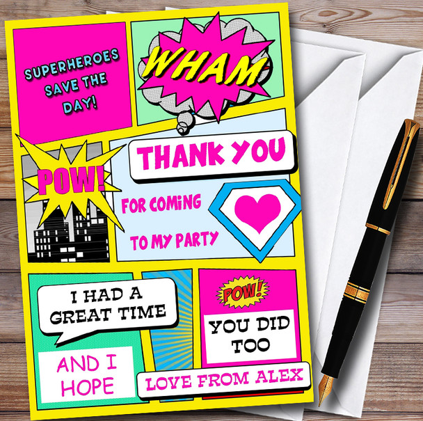 Girls Pink Superhero Comic Customised Children's Birthday Party Thank You Cards