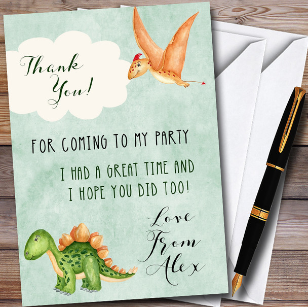 Green Watercolour Dinosaur Customised Children's Birthday Party Thank You Cards