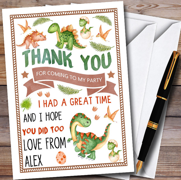 Cute Dinosaur Watercolour Customised Children's Birthday Party Thank You Cards