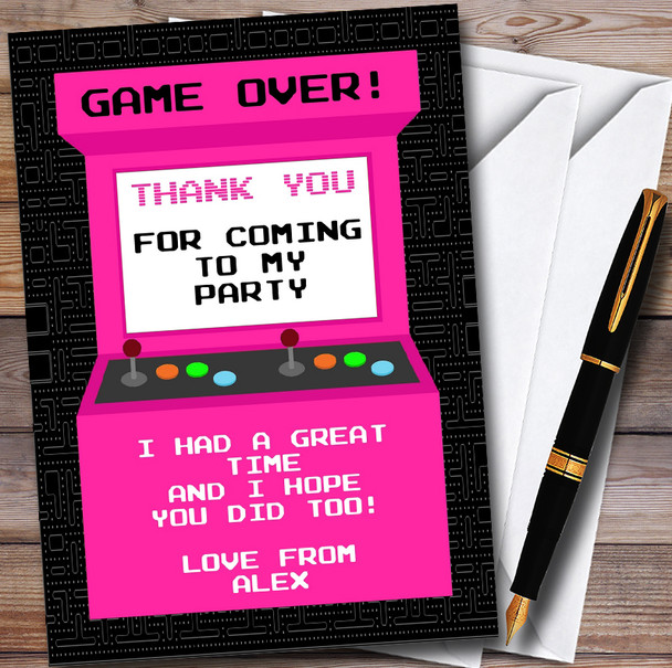 Pink Girls Arcade Gaming Customised Children's Birthday Party Thank You Cards