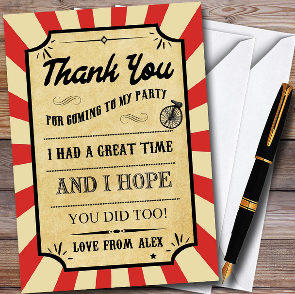 Carnival Circus Vintage Customised Children's Birthday Party Thank You Cards